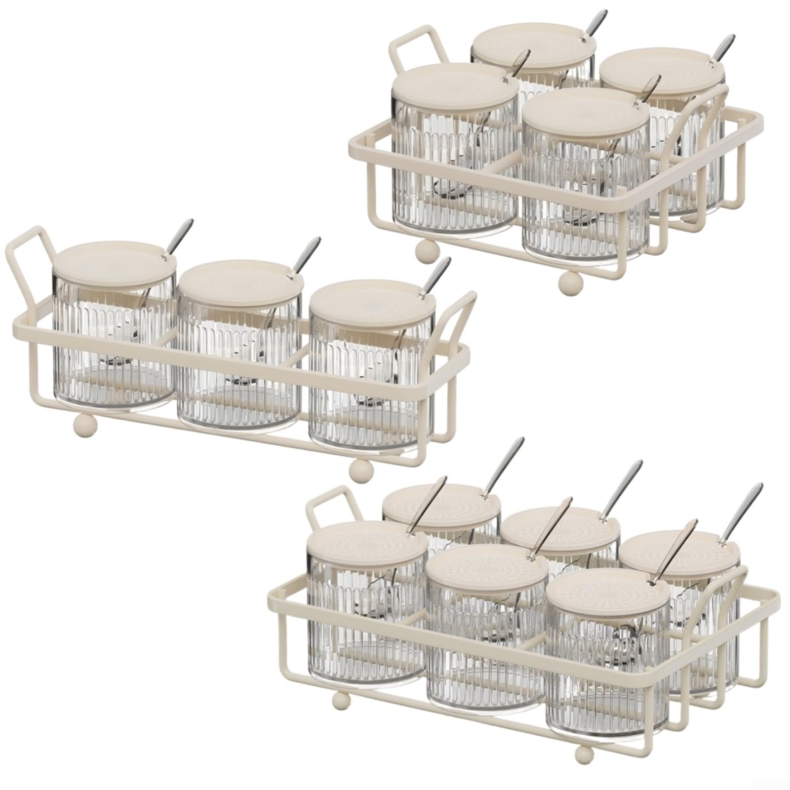 Recipiente de especias para encimera de cocina con tapas y cucharas, tarro de metal y plástico transparente para almacenar sal, pimienta y varios condimentos (6 botellas)