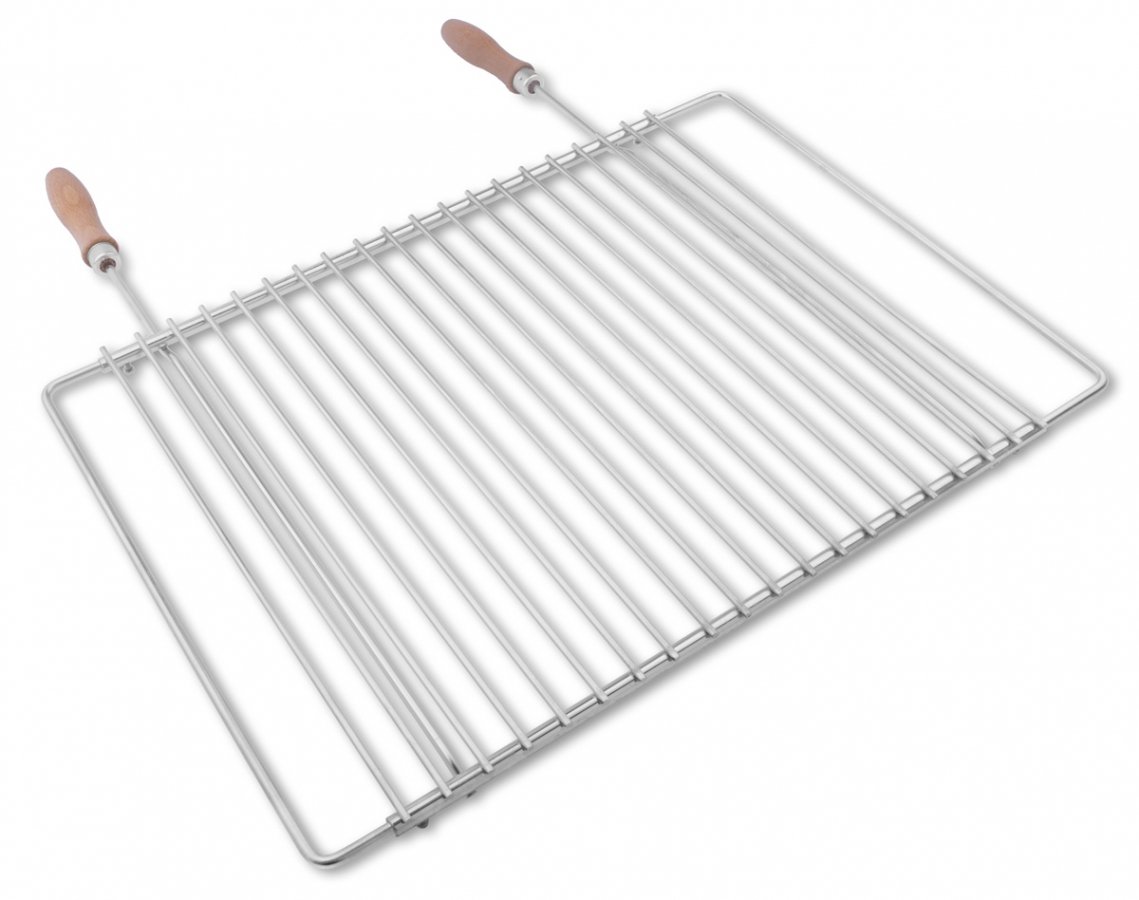 Ruszt do grillowania ze stali nierdzewnej o regulowanej szerokości 45 – 55 x 37 cm, wykonany z europejskiej stali nierdzewnej, z drewnianymi uchwytami, regulowany ruszt do grillowania, ruszt do