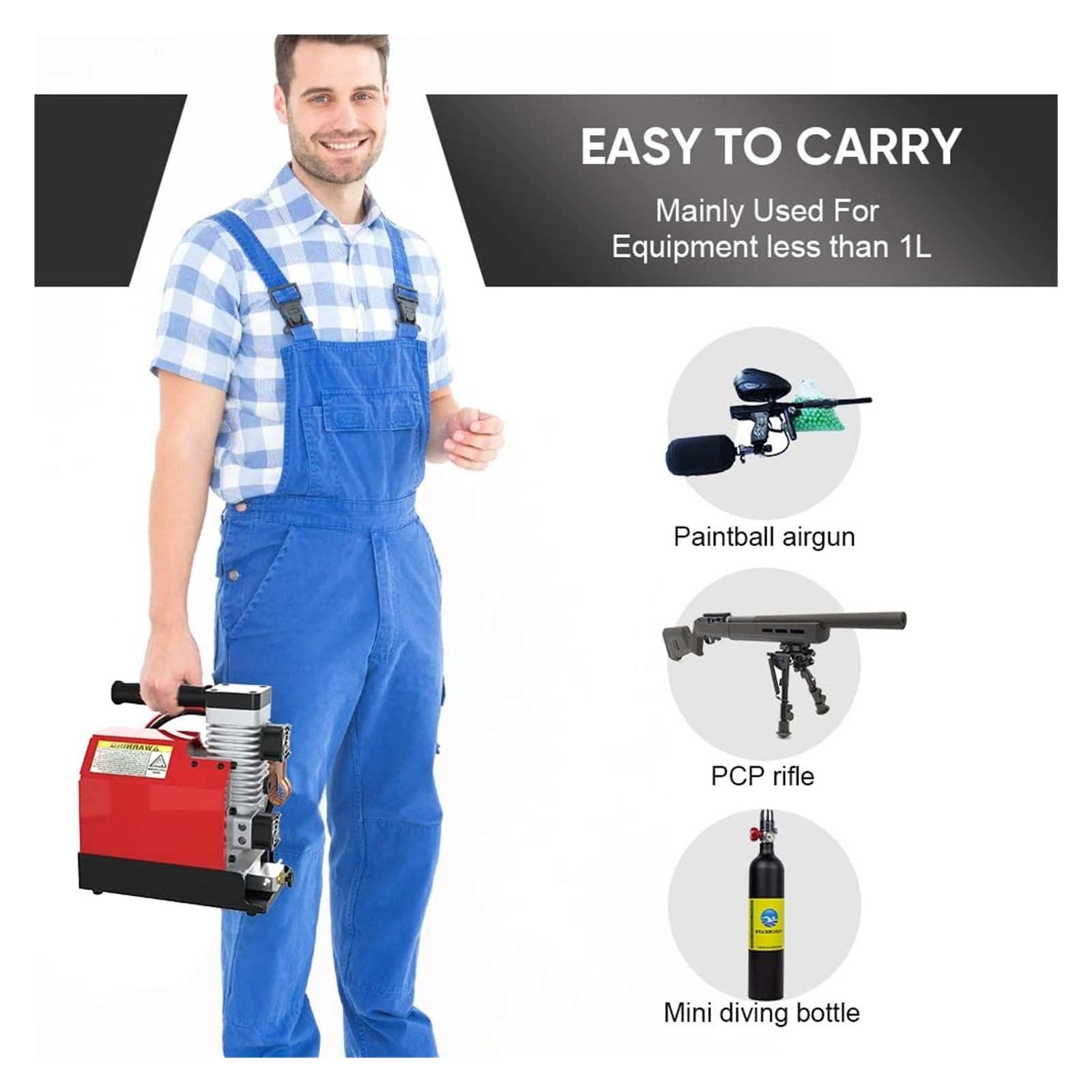 Kompresor Powietrza Przenośna sprężarka powietrza PCP, 4500 psi/30 MPa, bezolejowa, 12 V DC z adapterem