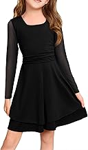 Haloumoning Girls Mesh Long Sleeve Dress Kids Square Neck Ruched Waist Double Layered Party Dance Dresses 5-14Y