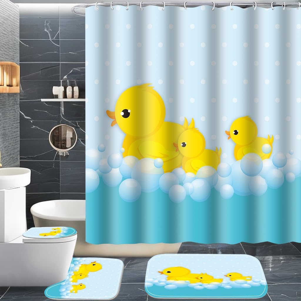 Cute Yellow Duck Taking Bath Shower Curtain 4PCS Bath Sets with Non-Slip Rugs U-Shaped Mat Toilet Lid Cover for Baby Kids Bathroom Decor 71x72 inches Polyester Fabric SETMYLU03
