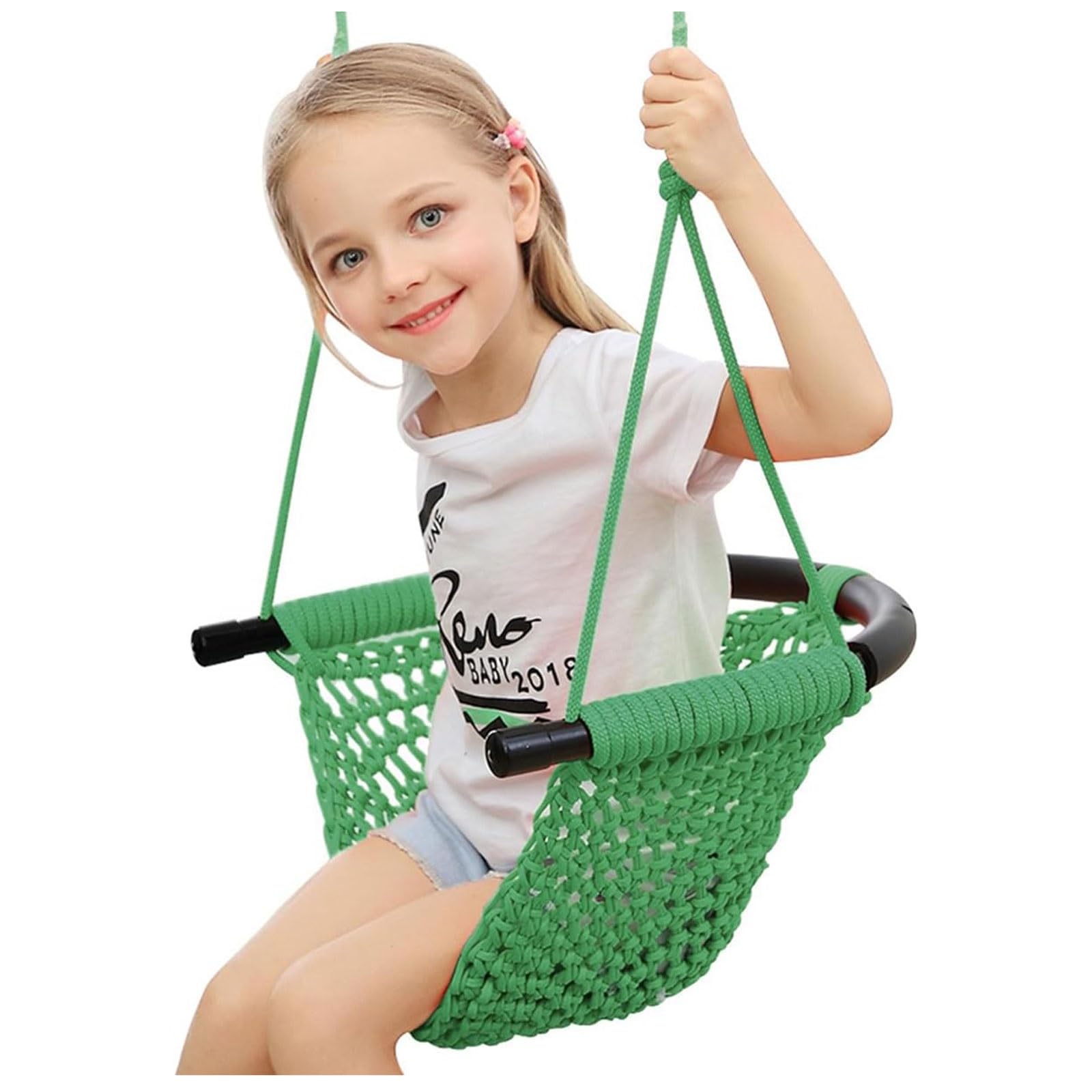 Swing Seat For Kids，Little Swing Set，Hand-Knitting Toddler Swing With Adjustable Ropes, Rope Play Swing Set For Tree, Outdoor Indoor, Playgroun (GREEN)
