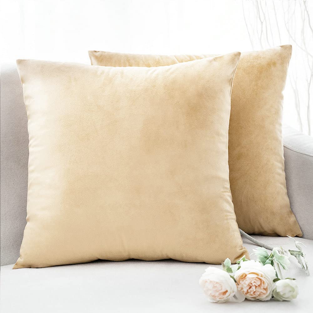 Vevins Throw Pillow Covers 18 x 18 inches, BeigeVelvet Soft Decorative Cushion Pillow Cases for Sofa Couch Bedroom Car 2 Pack Cream
