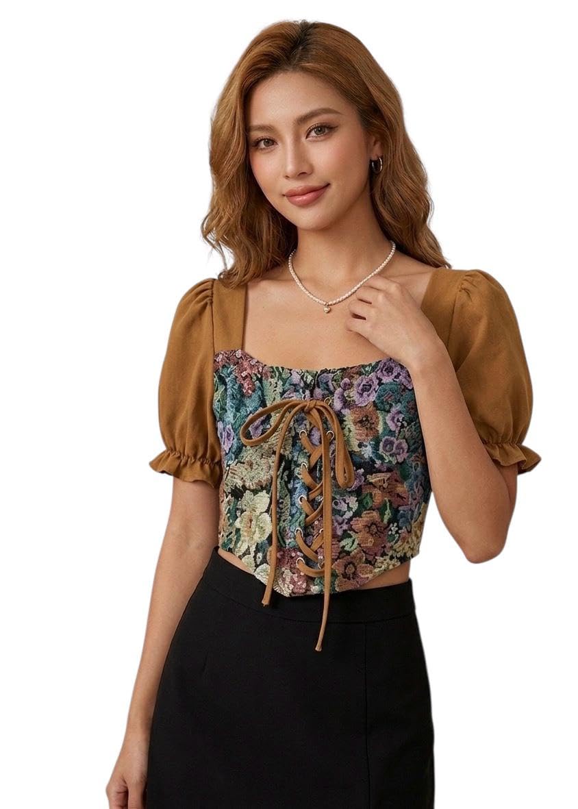 Women's Floral Tapestry Crop Top, Lace-Up Front, Puff Sleeve, Western Style-picture-35