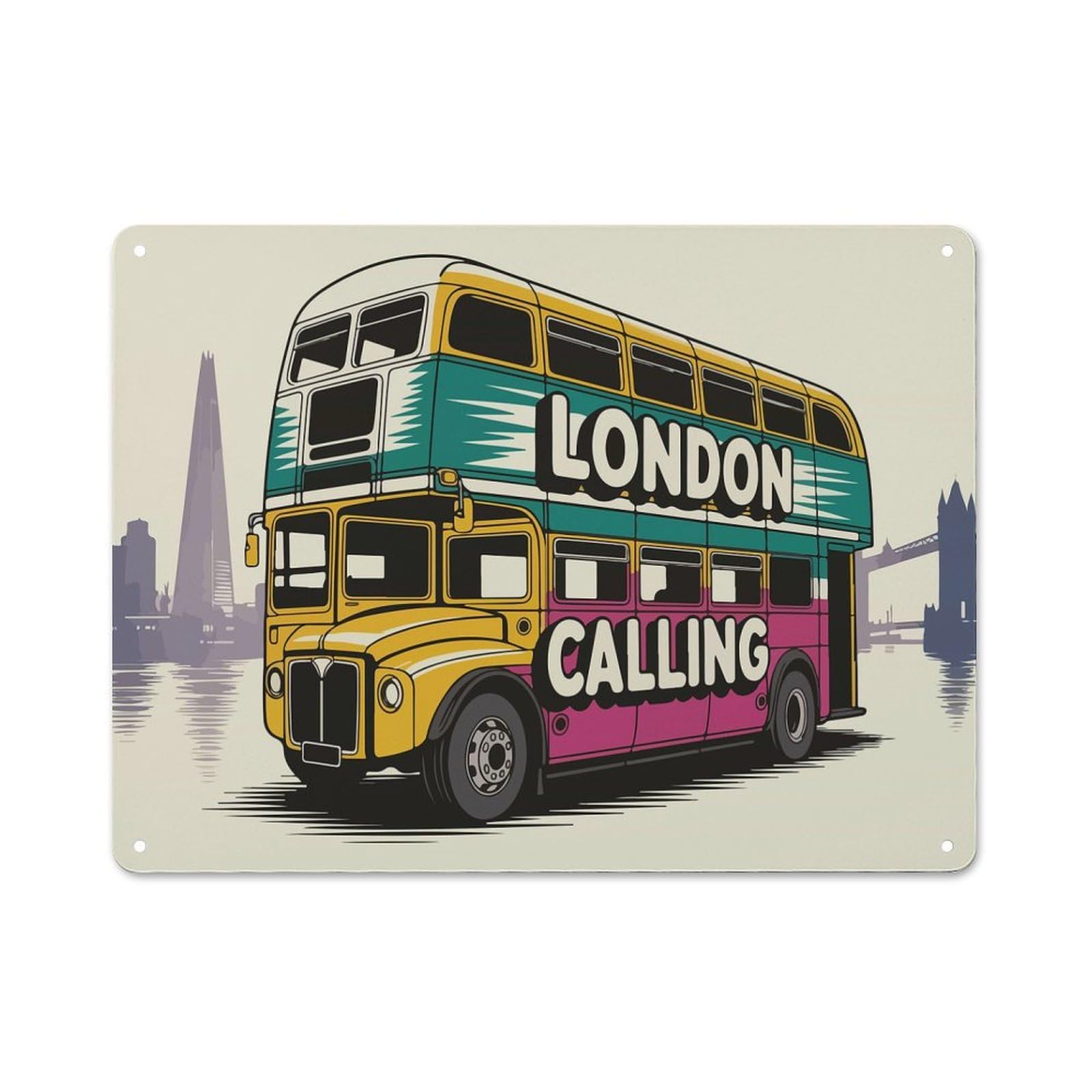 Junmoney Style-18 Metal Wall Sign With London Calling Double Decker Bus Illustration Design 30X40cm, Loft Style Studio Wall Art For Flat, Bar, Studio Or Gallery Wall