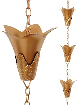 DUSVALLY Rain Chains for Gutters, 8.5 FT Decorative Metal Rain Chain with 12 Flower Cups, Antique Copper Downspout Alternative, Outdoor Rainwater Chain for Patio, Yard & Garden