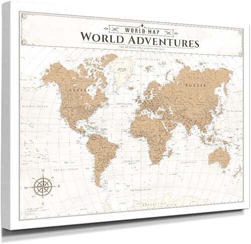 IPIC - Lienzo decorativo de mapa del mundo vintage, impresión de mapa de viaje grande para el hogar, la oficina o el estudio, decoración de mapa de
