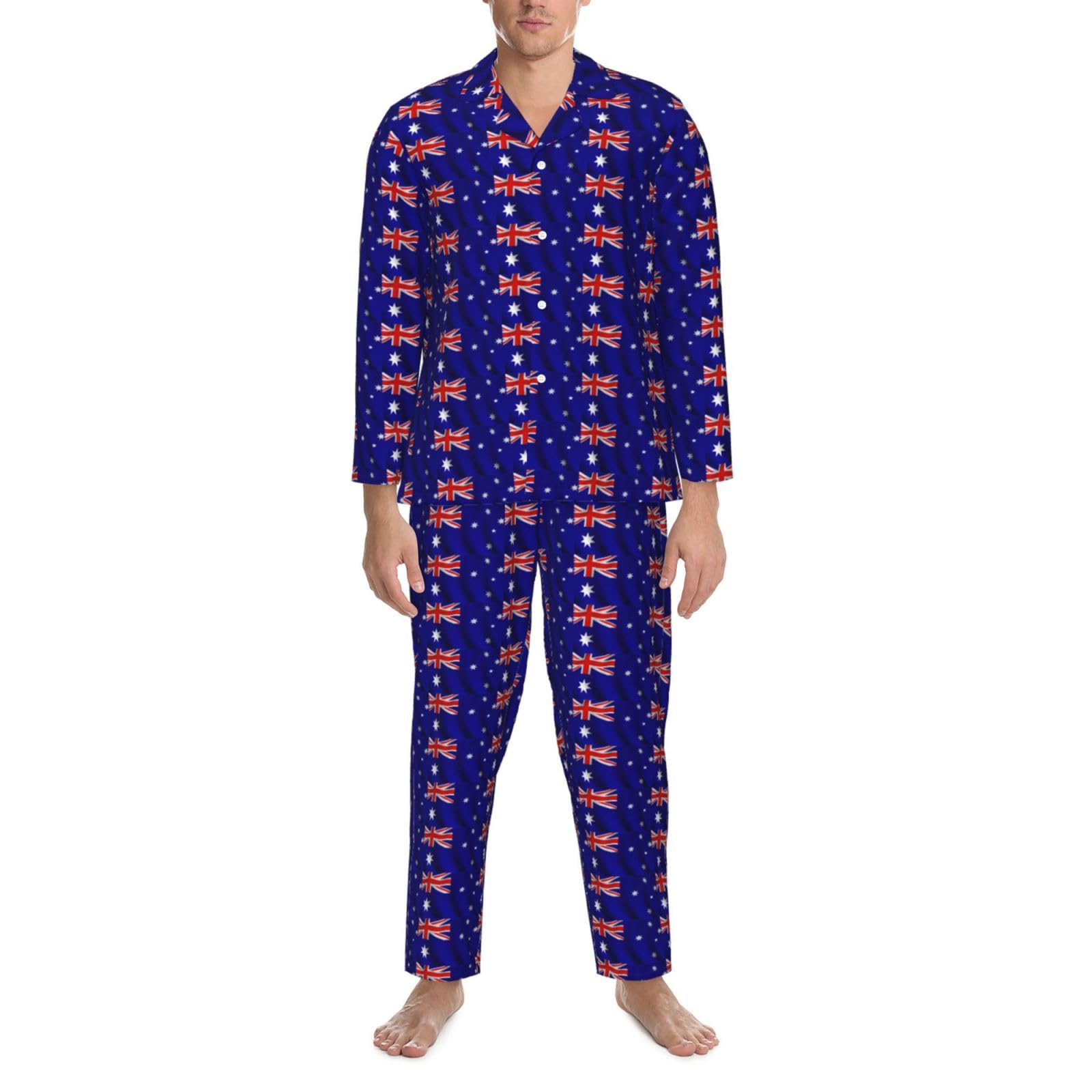 Herren-Pyjama-Set mit australischer Flagge, langärmelig, zweiteilig, Hauskleidung, bequeme Nachtwäsche