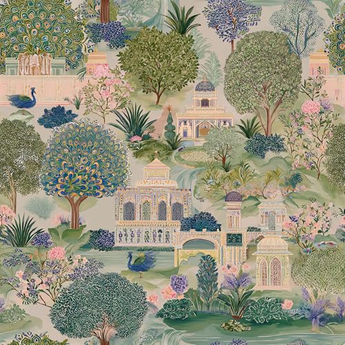 VEELIK Jaipur Garden Peacock Peel and Stick Wallpaper Vintage Chinoiserie Floral Wallpaper for Bedroom Accent Walls 17.7''x118'' Removable Pink Green Indian Palace Wall Mural for Bathroom Nursery