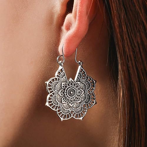 DOUBNINE Pendientes gitanos étnicos de flores antiguas cuelgan pendientes retro estilo vintage boda nupcial joyería bohemia (plata), Zinc, No es una