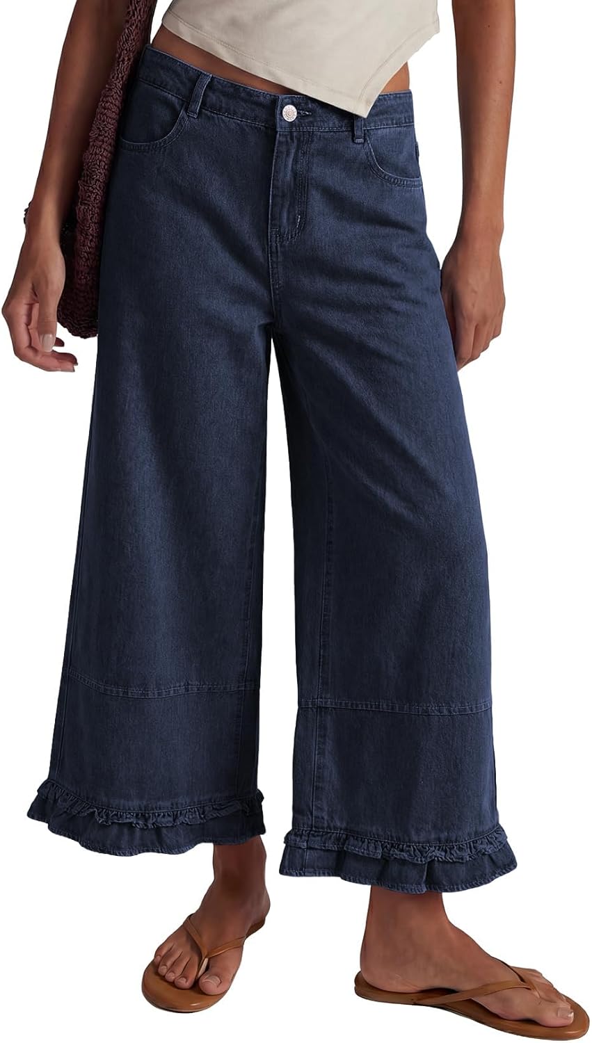 Womens Wide Leg Jeans 2026 Trendy Mid-Rise Cropped Baggy Jeans Y2k Baggy Sweatpants Boho Retro Trousers