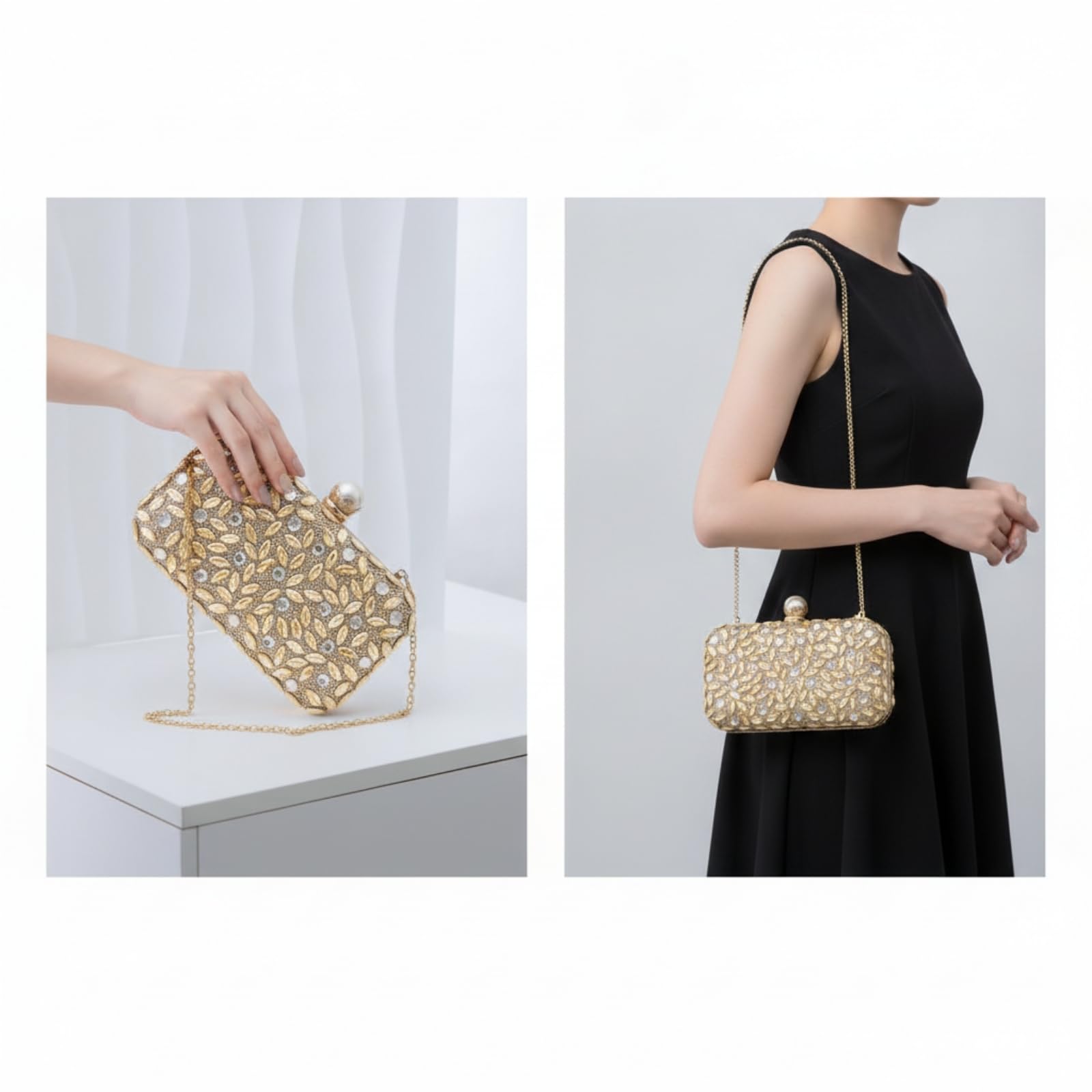 Clutch Rectangular Dorado con Pedrería Brillan Bolso Mano Estructurado con Adornos Cristales Distinguido para Bodas, Cenas Formales