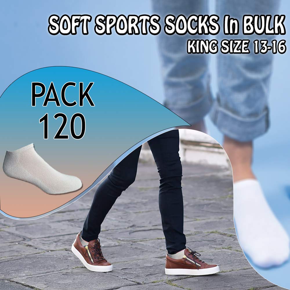SOCKS'NBULK 120 Pairs Of Mens Cotton No Show Socks, Soft Sports Socks In Bulk, King Size 13-16 (White, 120)