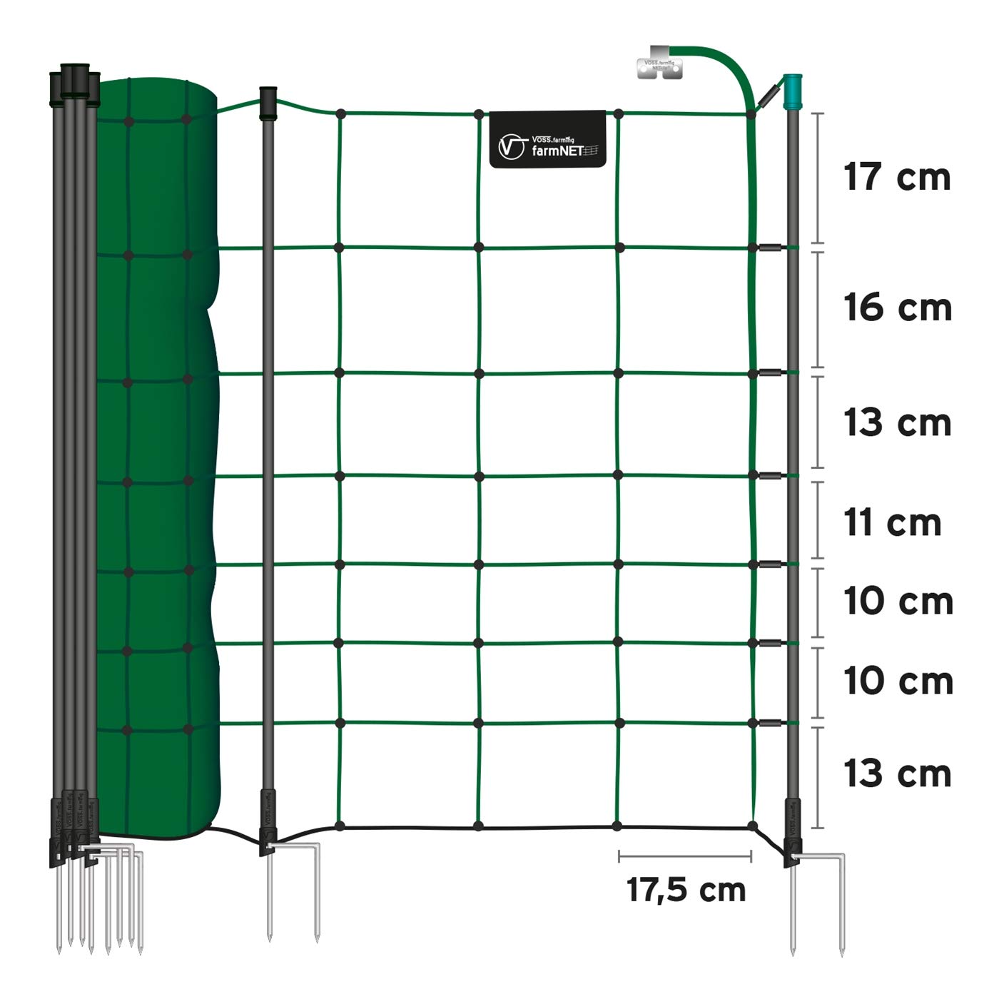VOSS.farming Rete per recinzioni da pascolo elettrificabili, Altezza 90 cm e Lunghezza 50 m, 20 Pali Neri, a Punta Singola, Colore Verde Pino