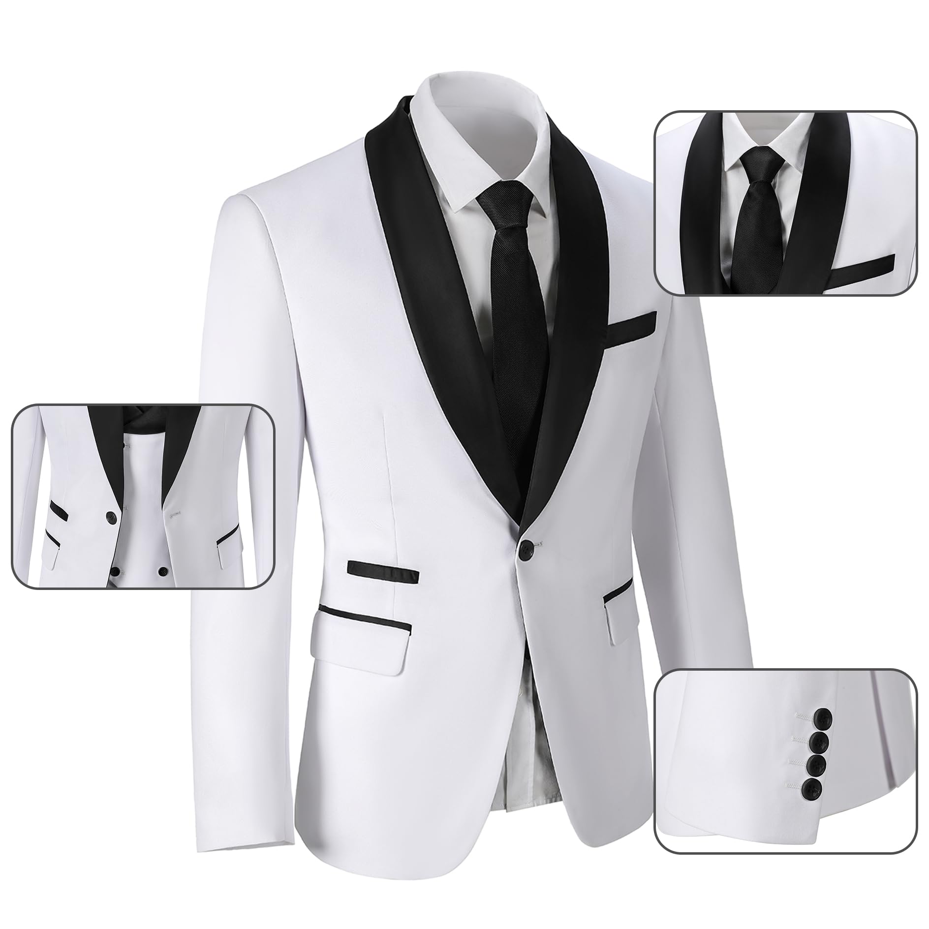 Costume 3 pièces pour homme - Coupe ajustée - Châle - Veste à revers - Veste - Pantalon - Costume formel pour mariage et bal de fin d'année