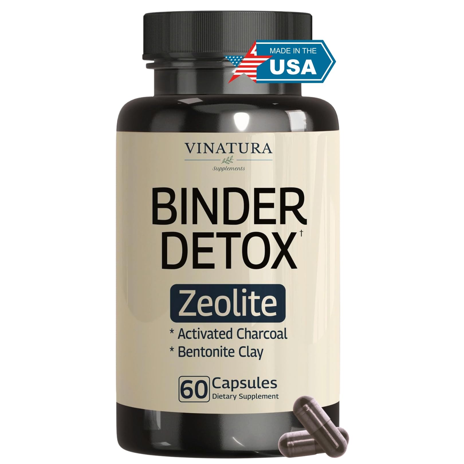 VINATURA Binder Zeolite Detox for Adults - Activated Charcoal, Zeolite, Bentonite Clay, Apple Pectin and More - Support Body Detox Cleanse with Binder Supplements, 60 Capsules