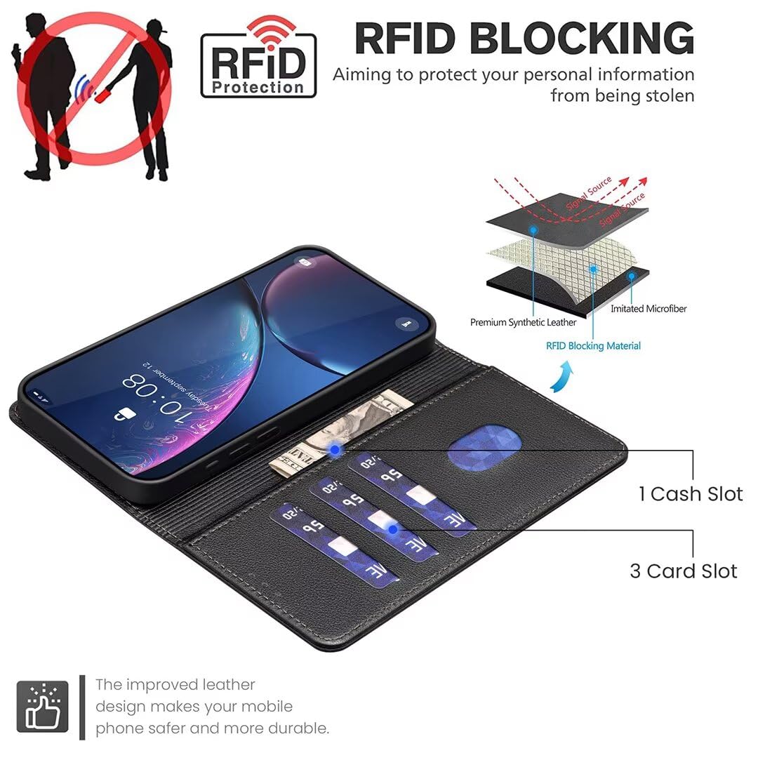 XINYEXIN Custodia per Google Pixel 9a, Cover a Libro in Pelle PU con Blocco RFID, Slot per Carte, Supporto, Protezione Completa Antiurto - Nero