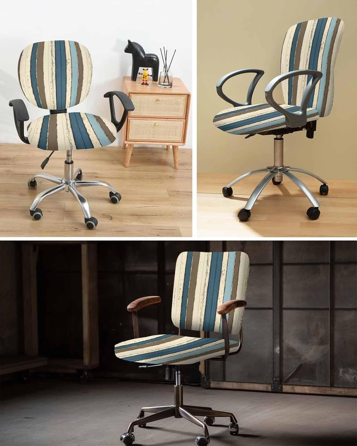 Beige Blue Stripes Office Chair Cover 2 Piece, Bogo Rustic Brown Farmhouse Wooden Stretch Elastic Computer Desk Rotating Chair Seat Back Covers, Stretchable Chair Slipcover Protectors Cover