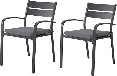 Soleil Jardin Sillas de comedor de aluminio para exteriores de 2 piezas con cojines, sillas apilables para balcón, jardín, patio, acabado blanco y