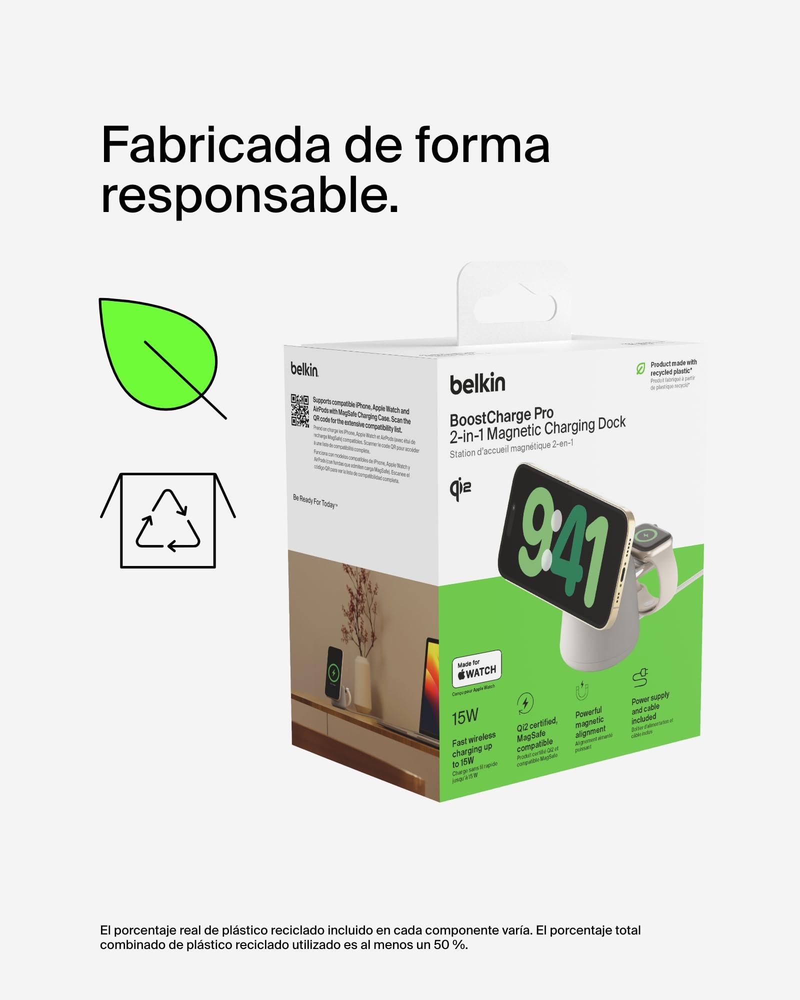 Belkin BoostCharge Pro Cargador Inalámbrico 2 en 1 con Qi2 de 15 W, Estación de Carga con MagSafe para iPhone Series 17, iPhone Air, 16, Apple Watch, AirPods y Otros, Fuente de alimentación - Beis