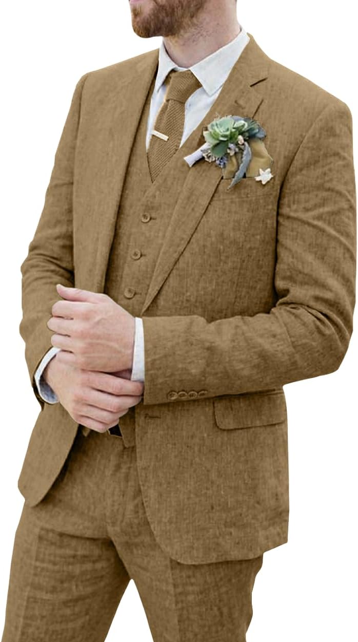 Men Suits Linen Beach Wedding Suits 3 Piece Groomsmen Attire Linen Blazer Vest Pant Prom Tuxedo