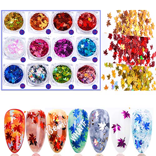 12 Colors Nail Glitter Sequins Maple Leaf Nail Art Sticker Holographic Flakes Diy Nail Decorations Decals for Thanksgiving Nail Confetti Decoration Supplies Manicure