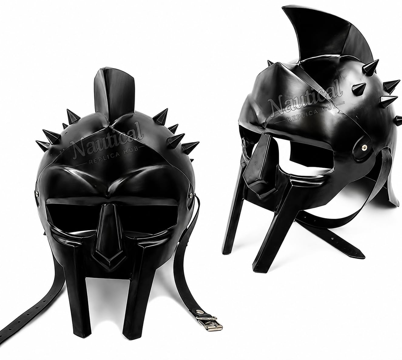 Maximus Gladiator Helmet Black Finish Steel Roman Spiked Movie Replica Helmet with Leather Strap for LARP, Cosplay, Halloween & Display