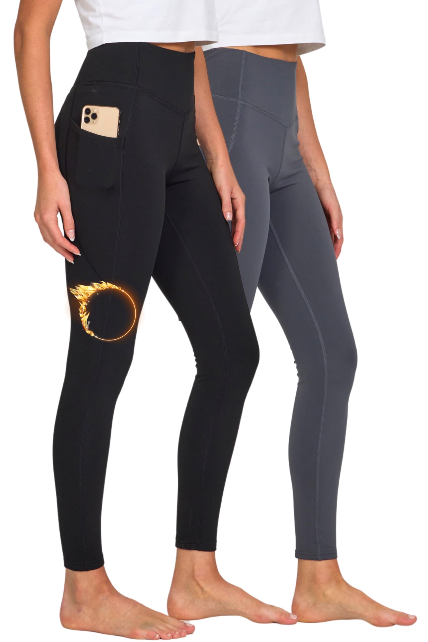 ultra performance lightweight brushed fleece lined leggings women 2 pk high waisted compression womens leggings with pockets black/charcoal