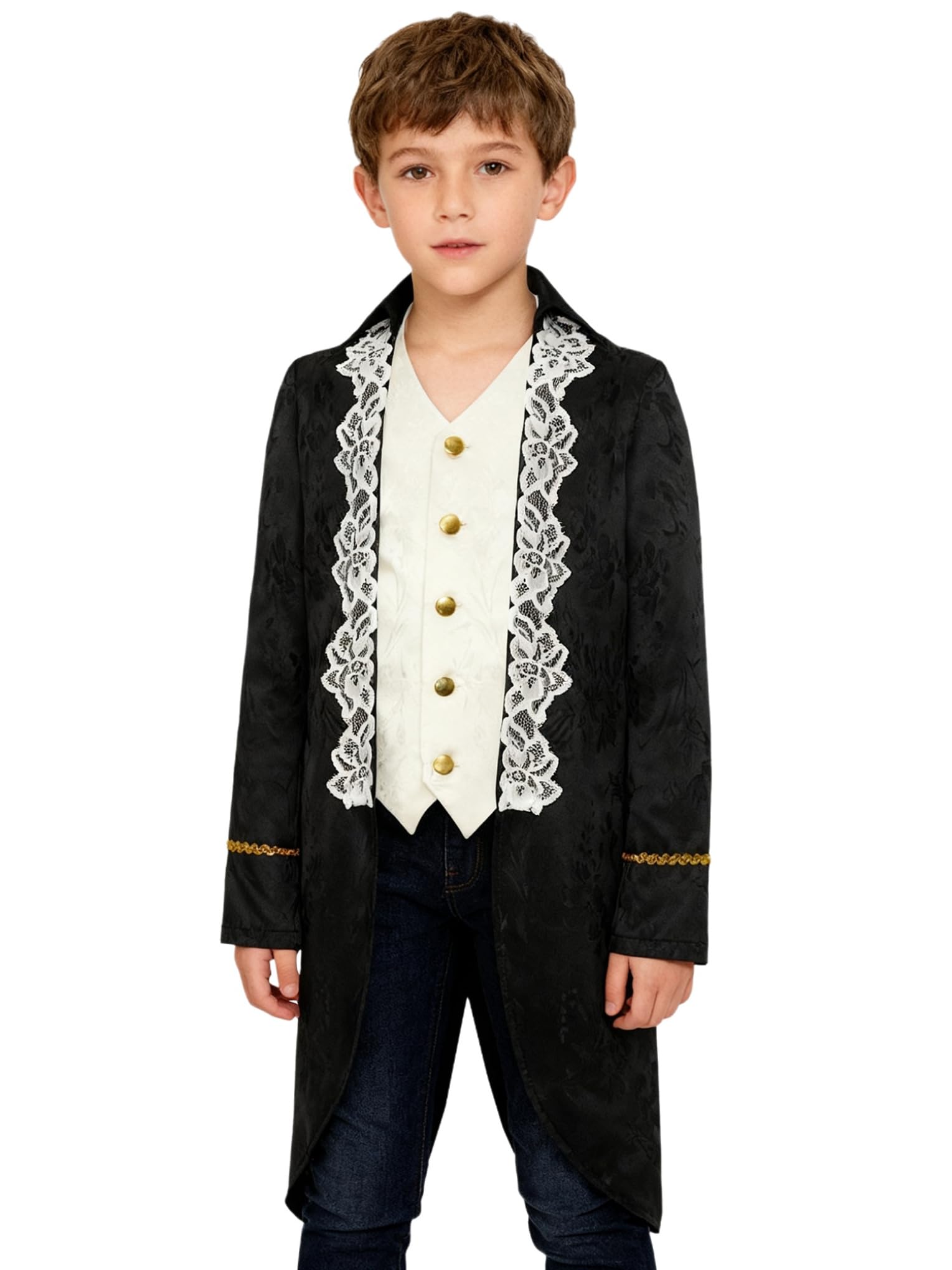 Hansber Boys Medieval Renaissance Victorian Jacket 19th Century Attire Gothic Punk Medieval Pirate Cosplay Costume Black 11-12 Years
