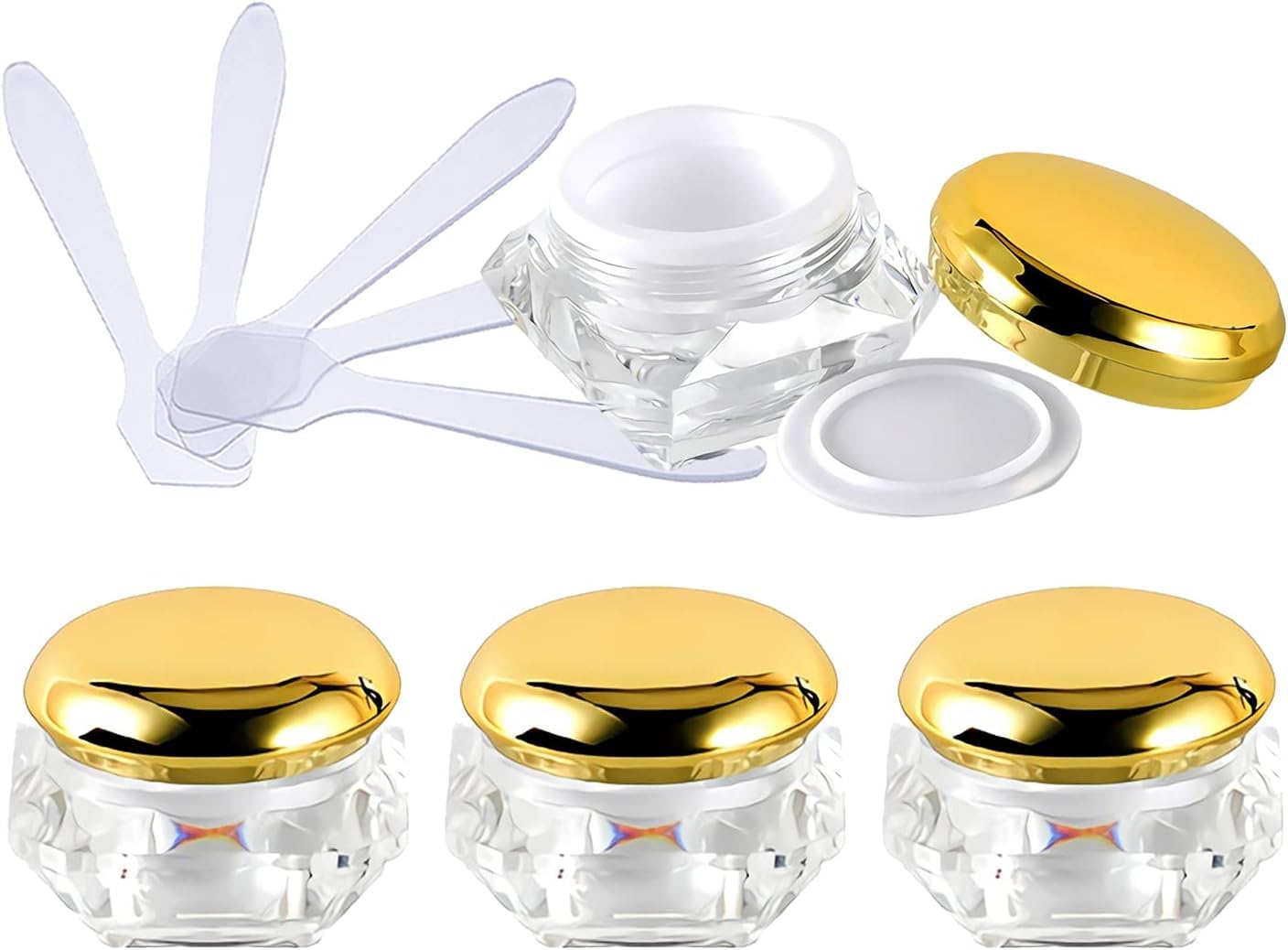 FLYIODFCXV cosmetic jar, Pack of 4, Empty 10 ml Transparent Acrylic Diamond Shape Cosmetic Container with Pink Lids + x Spoon