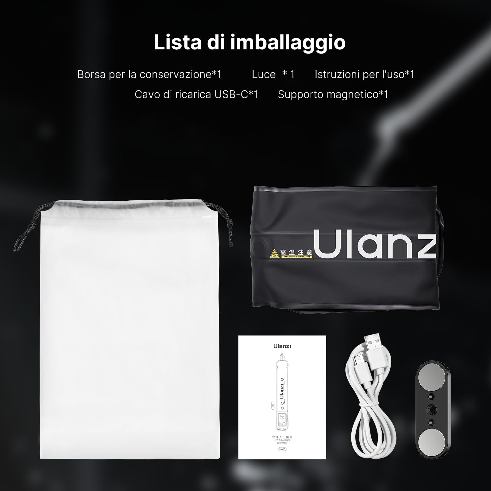ULANZI UA20 Luce per Foto Portatile, 20W Luce Video Gonfiabile Bi-Color 2700-6500K, Luci Fotografiche Handheld 18Wh Batteria USB-C Ricaricabile, Tubo Led Impermeabile per Fotografia o Campeggio
