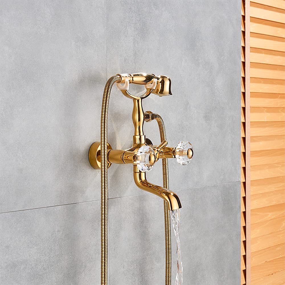 Grifo Bañera Con Alcachofa De Mano Latón Color Oro Mezclador De Bañera Montaje En Pared, Incluye Soporte Y Manguera De 150 Cm, Dos Asas Grifo De Ducha, Antiguo