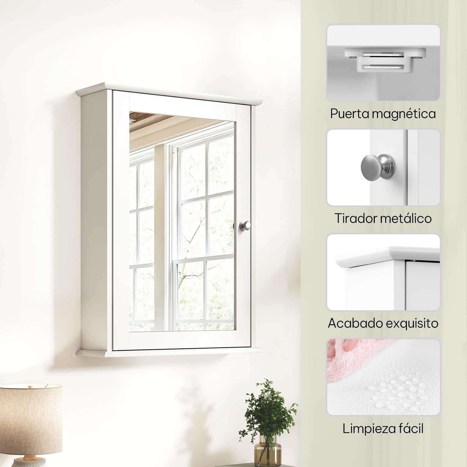 eSituro Mueble de baño Suspendido de Espejo Armario de Ducha de Pared con Toallero y Estante de Medicamentos con Puertas Blanco 42x58,5x12cm