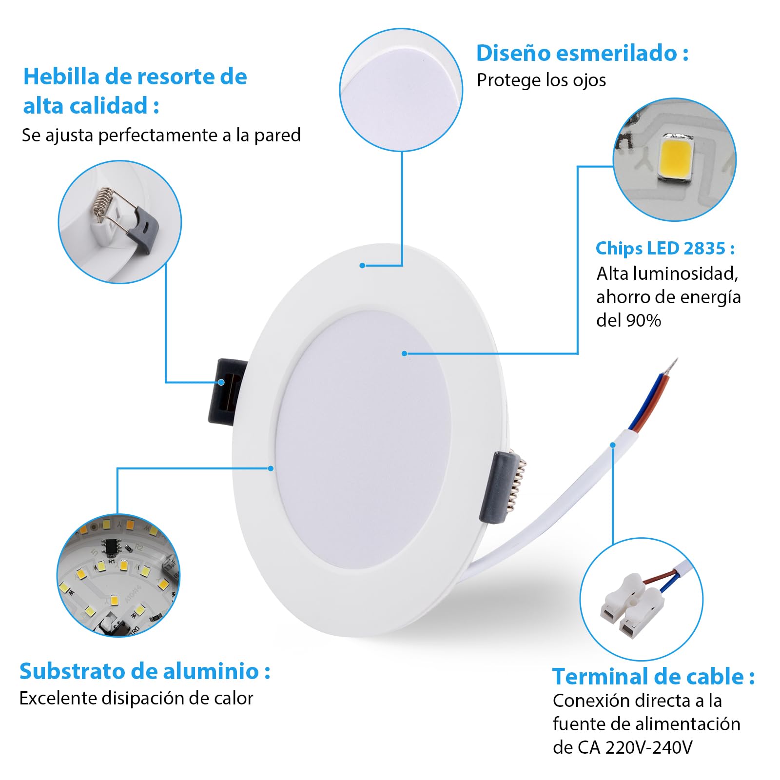 6 * 5W LED Techo Empotrable 220V Plano, Ojos de Buey LED para Techo 450LM, Blanco Cálido 3000K, Diámetro Agujeros ø75-90mm, Downlight para Baño Cocina, Salón