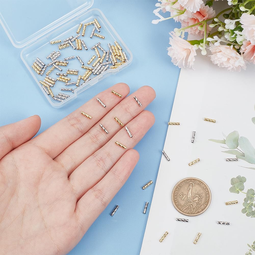 BENECREAT 100Pcs Gold and Silver Carved Noodle Tube Beads, Real 18K Gold Plated Tube Beads Straight Spacer Bead 8x2mm for DIY Craft Bracelet Necklace Jewelry Making - Image 3