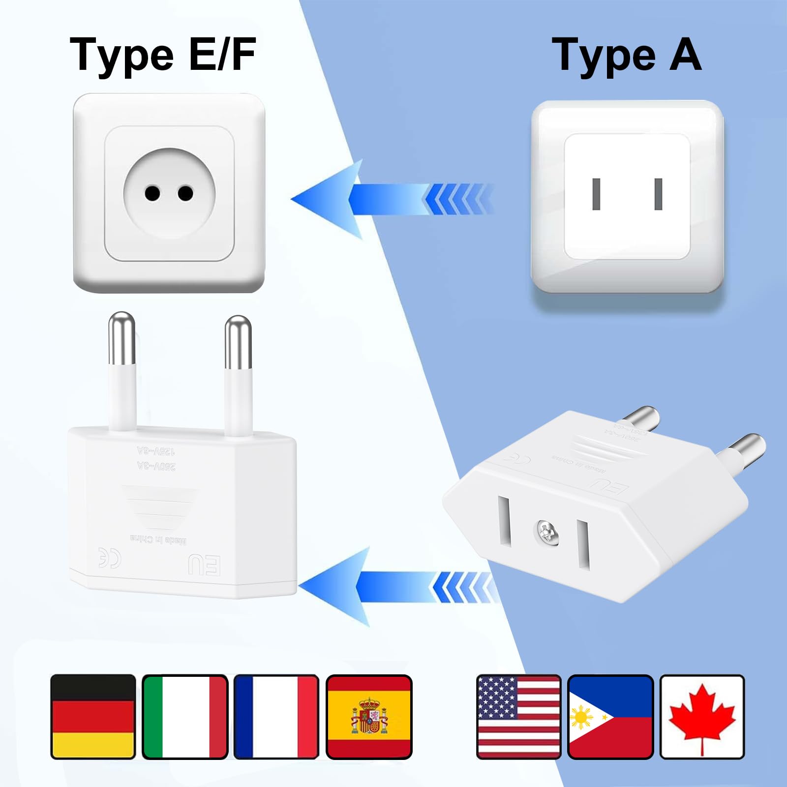 4 Pièces Adaptateur Prise USA vers France, Adaptateur Prise US vers EU (2 Broches) Prise Type A vers Type E/F pour Voyage Les États-Unis/Canada/Chine/Japon vers la France/l'europe - Blanc
