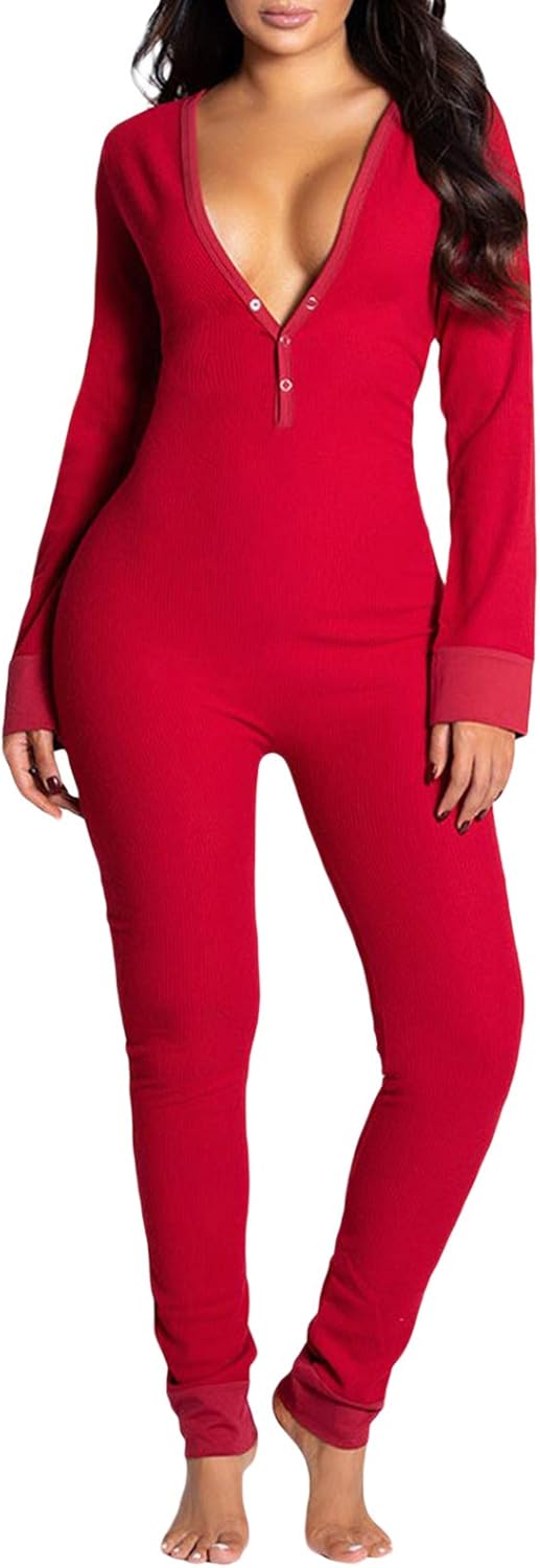 Nicoxijia Women's V Neck Long Sleeve Jumpsuit One Piece Bodycon Pajamas Rompers Overall Sleepwear Loungewear