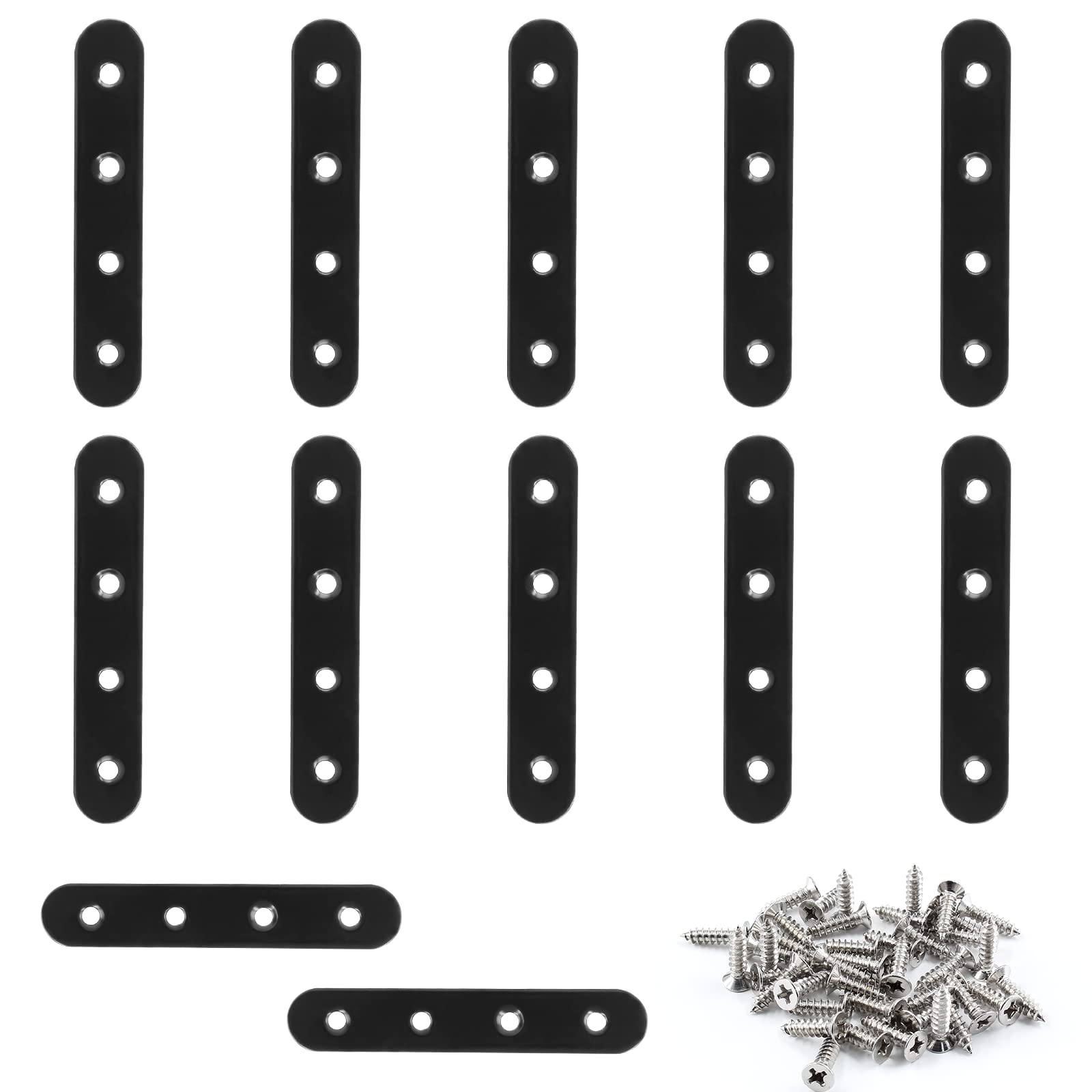 Unlorspy 12 Pcs Black Straight Brace, 100 x 17 x 2mm /4"x 0.67"x 0.08" Flat Brace Brackets, Stainless Steel Straight Bracket with Screws for Wood, Bed Frame & Furniture.