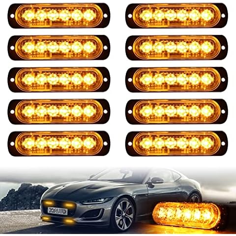 XTAUTO 10pcs LED Emergency Strobe Light, 6-LED Ultra Slim Surface Mount Flashing Warning Beacon Hazard Construction Caution Grille Light Bar for Truck Car Off Road Vehicles SUV ATV (Amber) Cover
