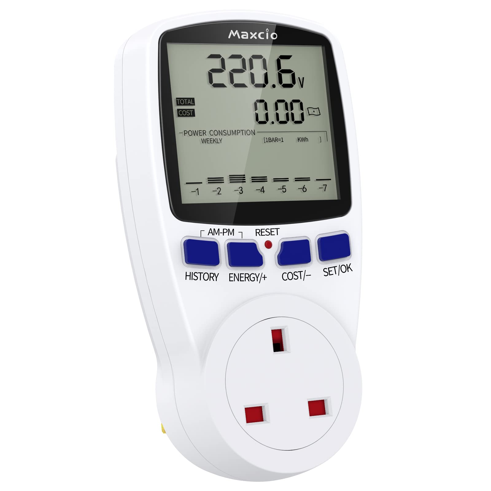 Maxcio Power Meter Energy Monitor Dual Tariffs with LCD Display, 13A