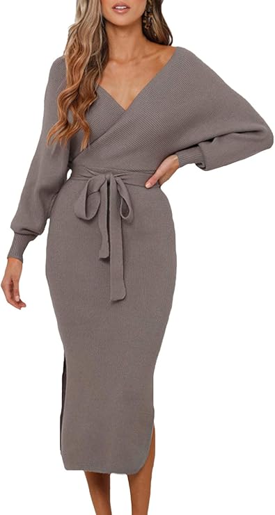 VamJump Women's V Neck Sweater Dress Casual Batwing Sleeve Wrap Front Backless Tie Waist Bodycon Dress