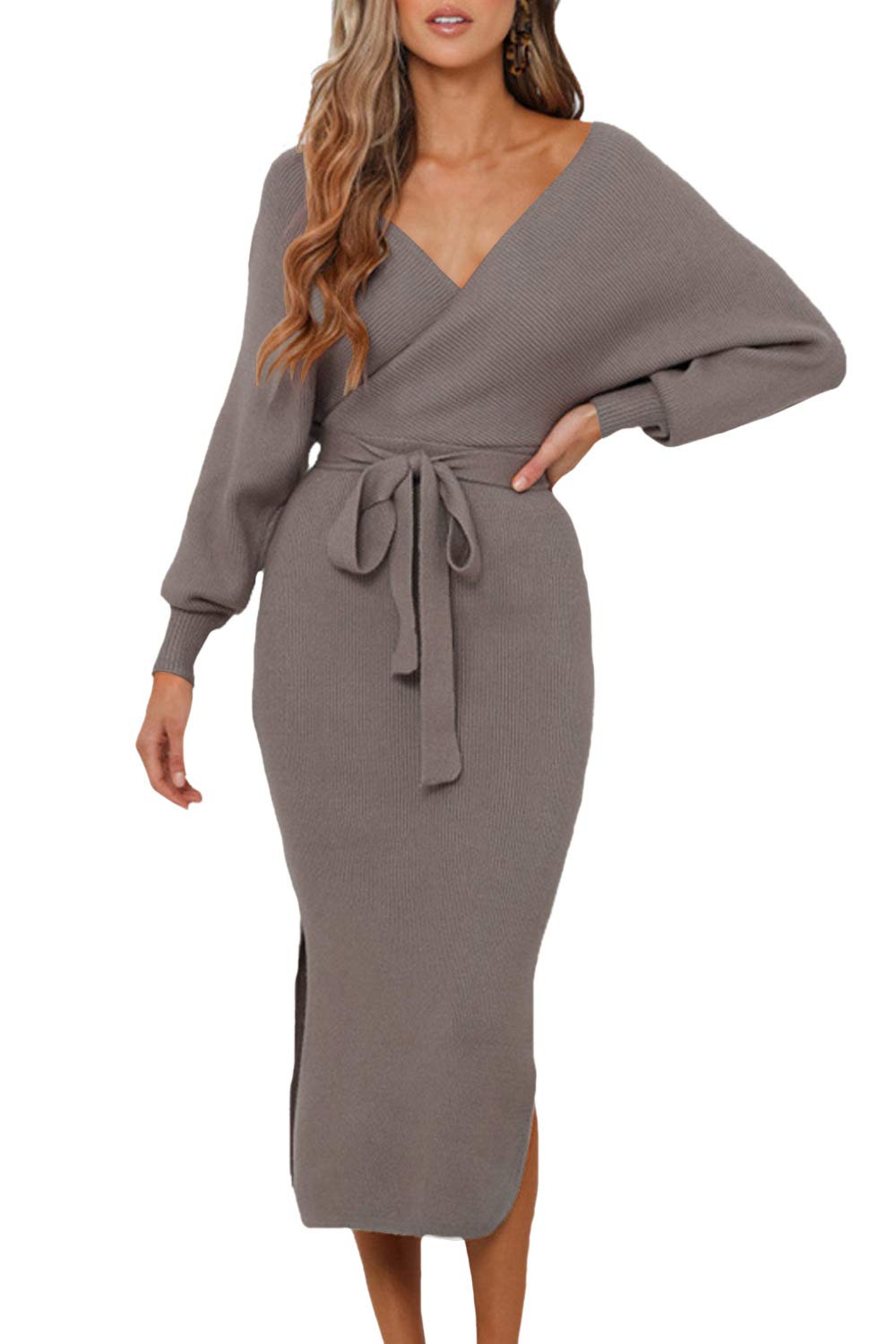 Womens Elegant V Neck Wrap Knit Dresses Batwing Sleeve Backless
