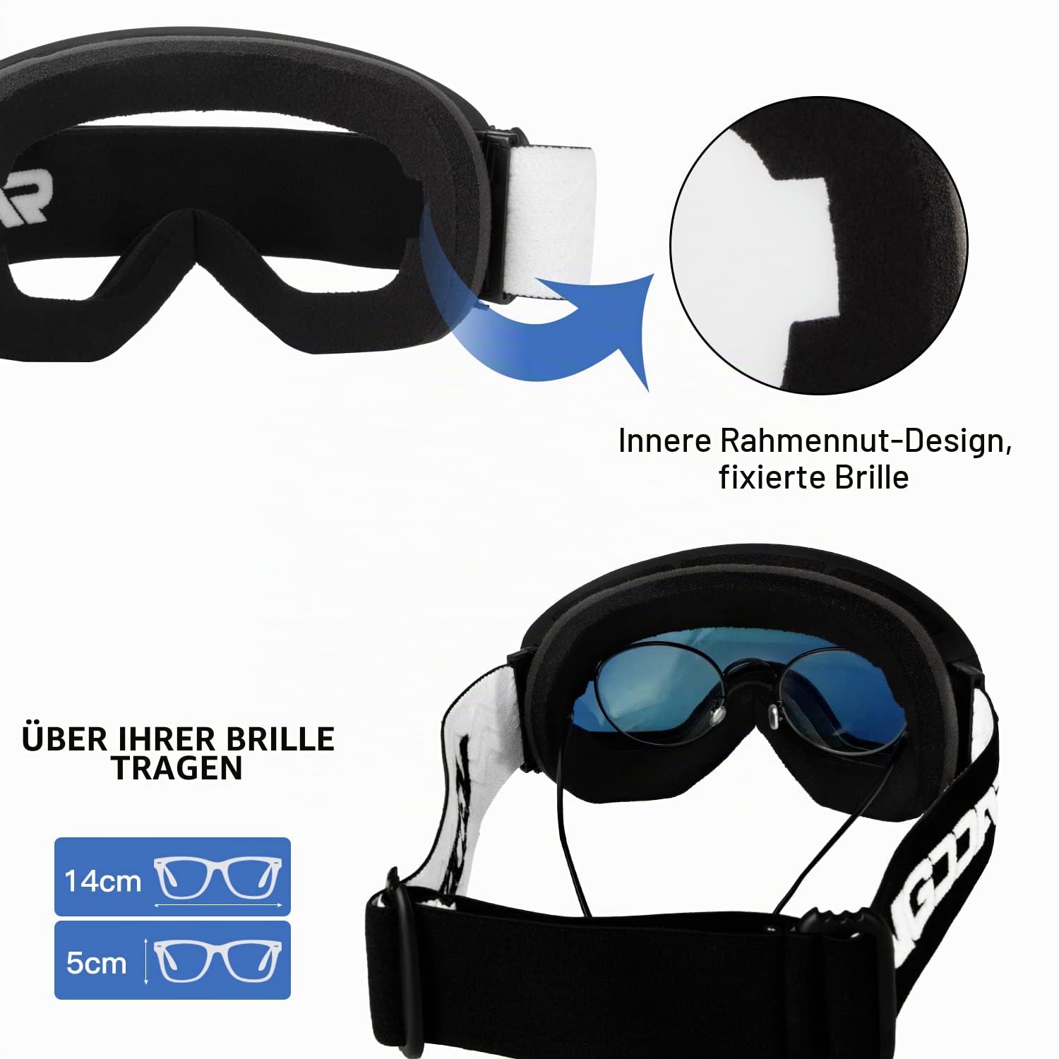 OTG Skibrille, Randlose Skibrille mit Anti-Fog-Beschichtung Doppelscheibe, 100% UV400 Schutz Ski Snow Brille für Herren/Damen