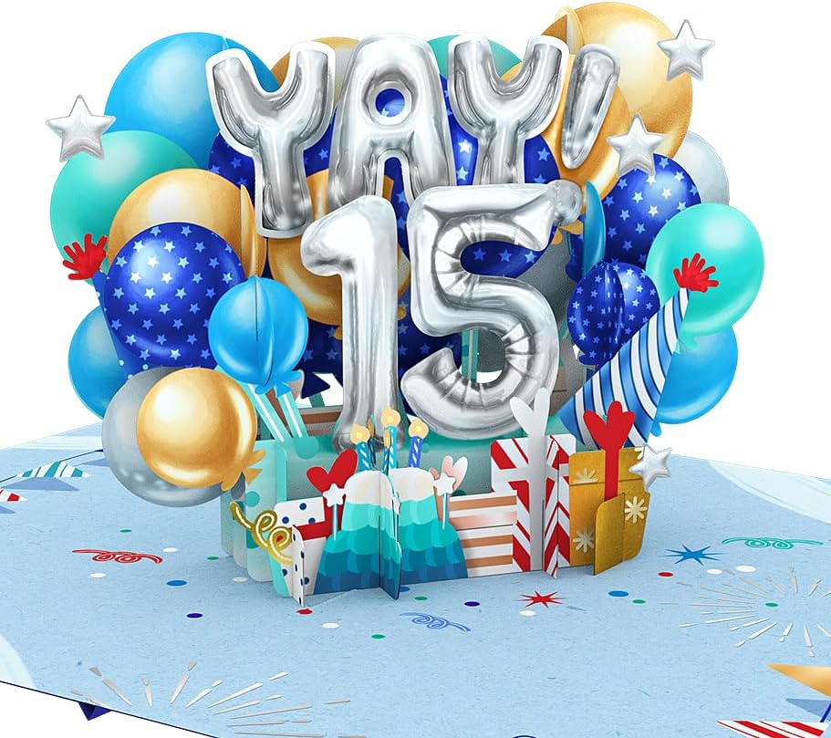 Liif Tarjeta de cumpleaños de 15 años, tarjeta de cumpleaños desplegable 3D para niños de 15 años, para niños, hijos, sobrinos, adolescentes, globos