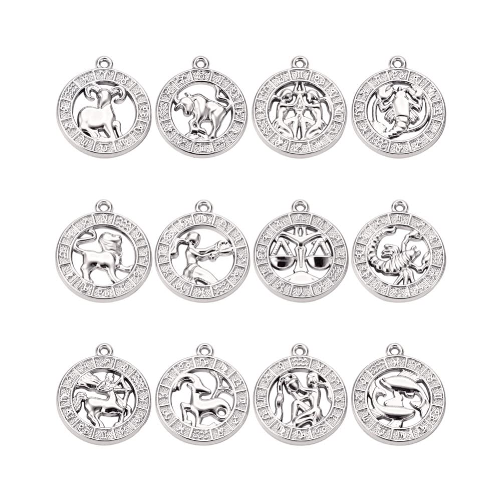PandaHall 24pcs Flat Round Alloy Zodiac Charms Platinum Twelve Constellations Dangle Pendants for DIY Bracelet Necklace Earring Making