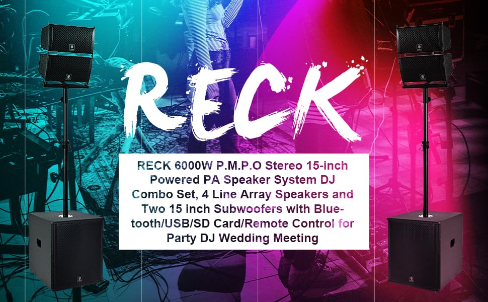 RECK 6000W P.M.P.O Stereo 15-inch Powered PA Speaker System DJ Combo Set, 4 Line Array Speakers and Two 15 inch Subwoofers with Bluetooth/USB/SD Card/Remote Control for Party DJ Wedding Meeting