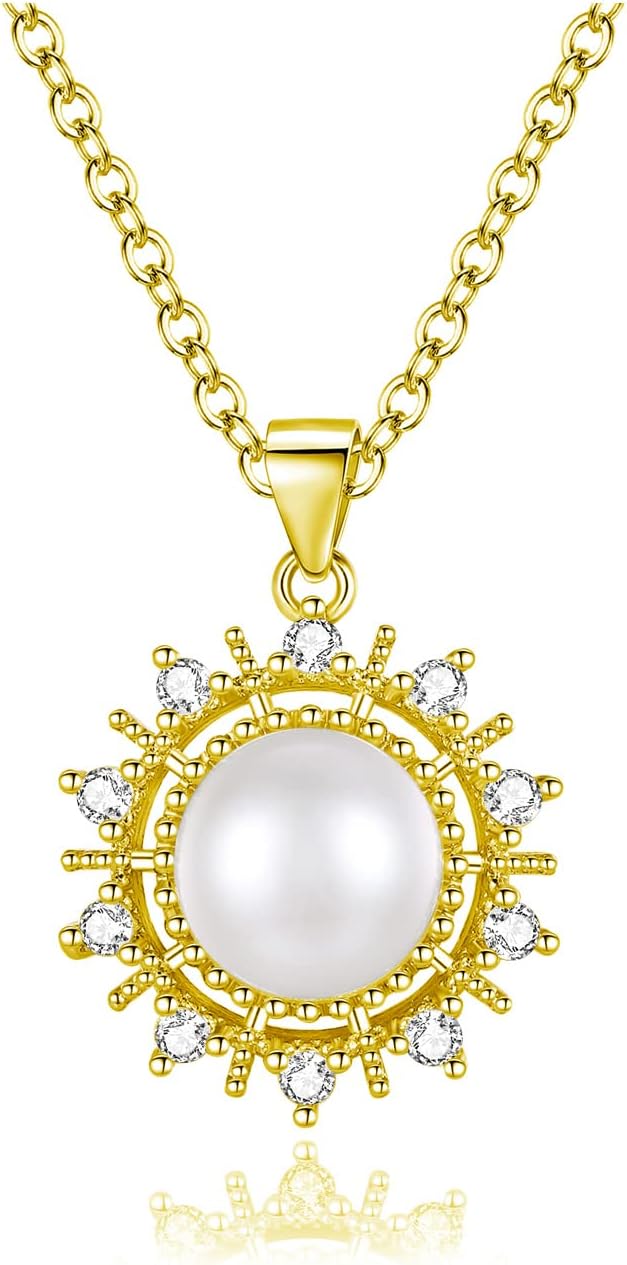 Real Pearl Necklace for Women 925 Sterling Silver Freshwater Pearl Pendant Necklaces with Cubic Zirconia for Brides Girls Mother