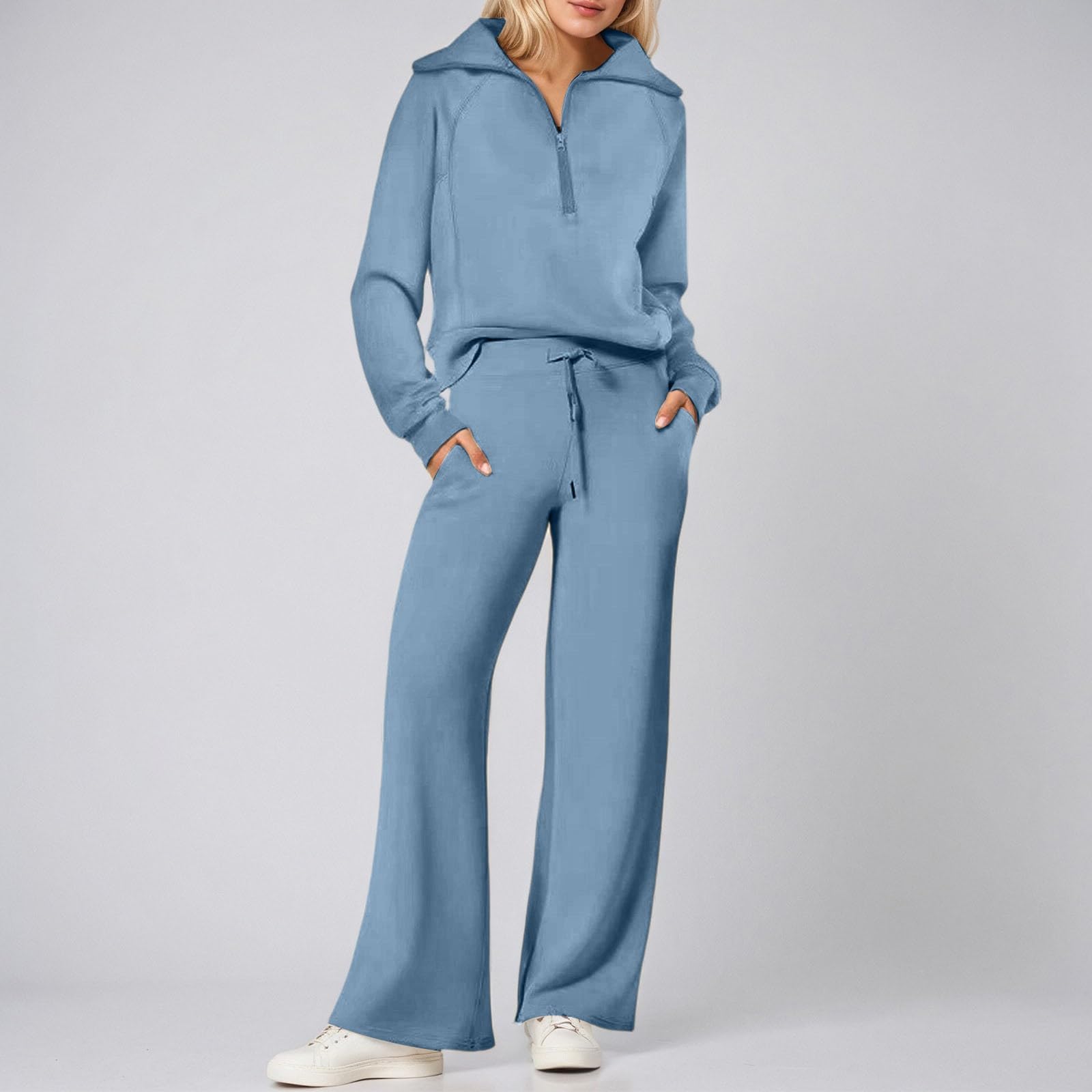 Ensemble Femme Ete 2 Pièces Ensemble de survêtement Femme décontracté pour Automne et Hiver avec Sweat à Demi-Zip et Pantalon Large pour Tenue Quotidienne Confortable