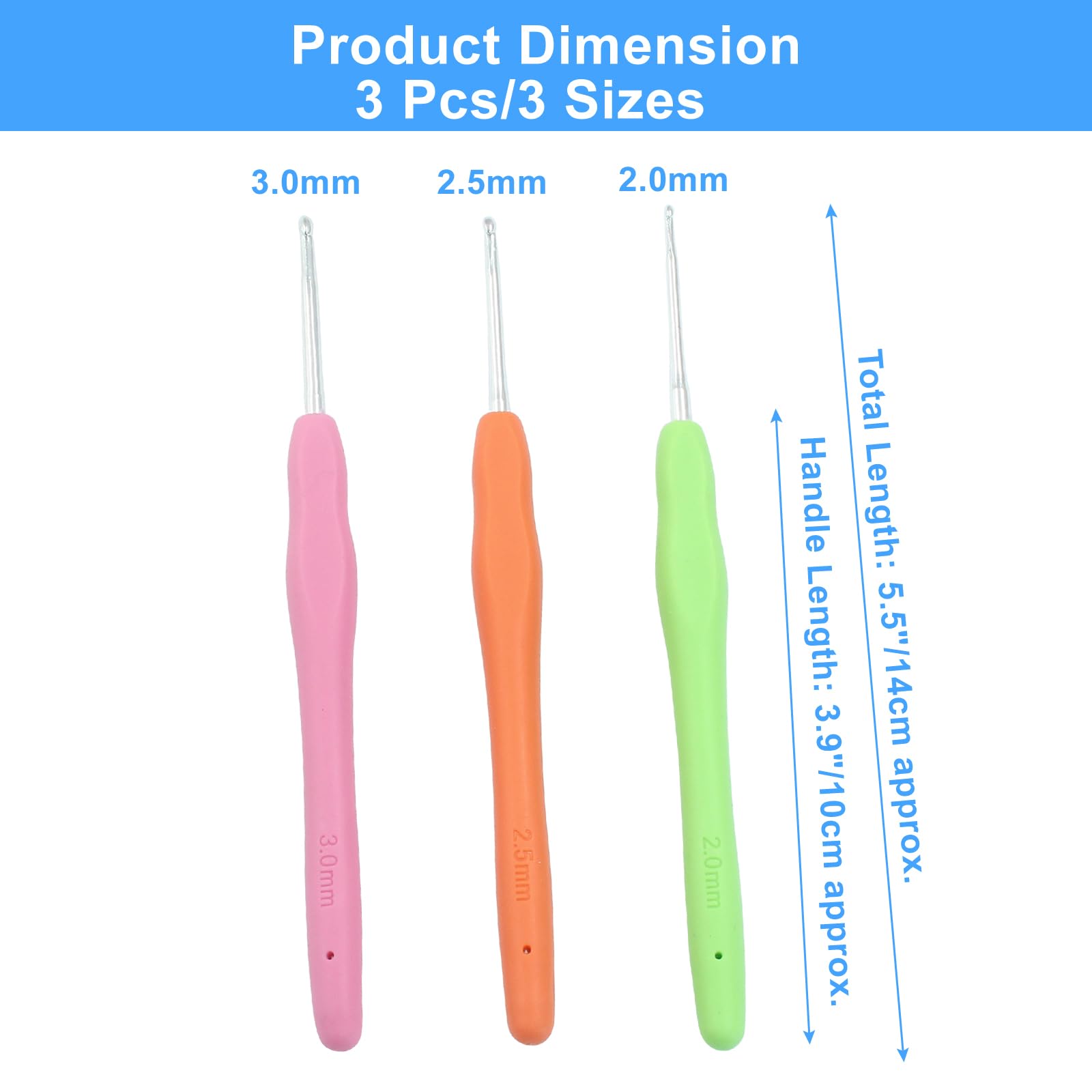 suiwotin Juego de 3 ganchos de ganchillo de 2 mm/2,5 mm/3 mm, juego de ganchos de ganchillo de aluminio, mango de goma, agujas de tejer ergonómicas para hilo, proyectos de manualidades