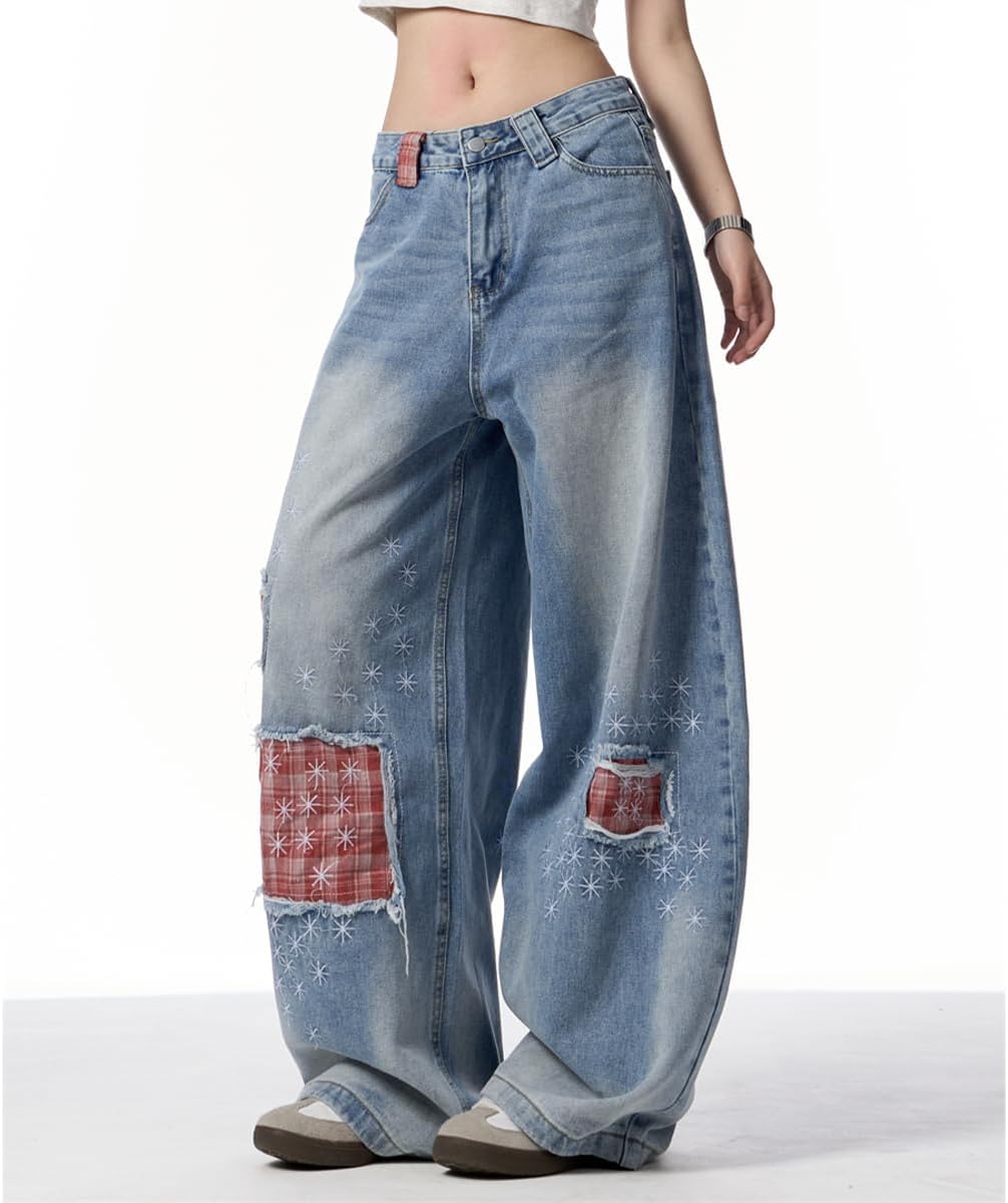 Women's Cute High Waisted Straight Leg Jeans Y2K Fashion Fringe Plaid Patchwork Embroidered Denim Pants - Image 4